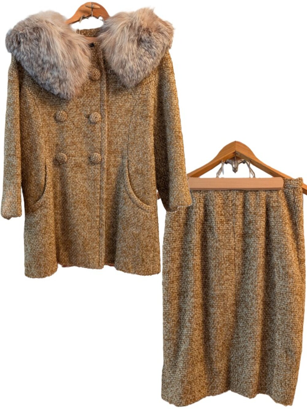 Monarch John T Shayne Wool Tweed Skirt Suit Real Fur Collar ILGWU VTG 60s